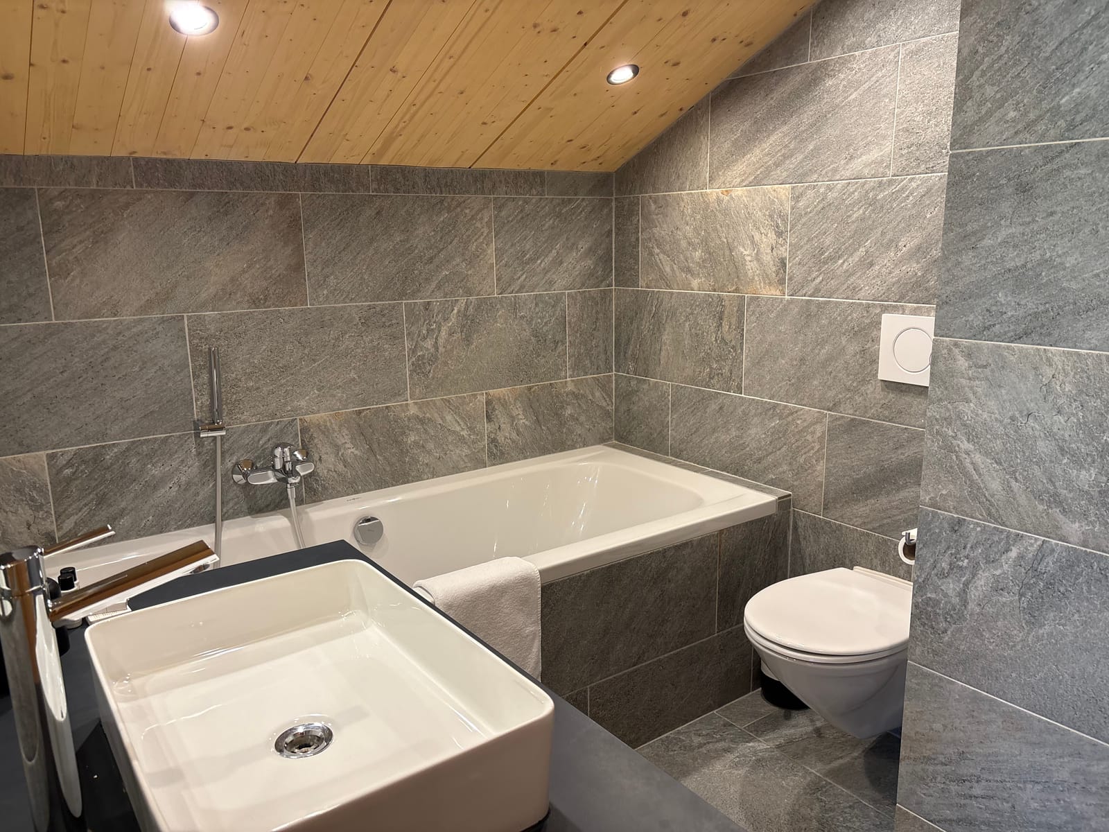 Bad mit Waschbecken, WC und Badewanne, Steinfliesen – MONTAFONLodge